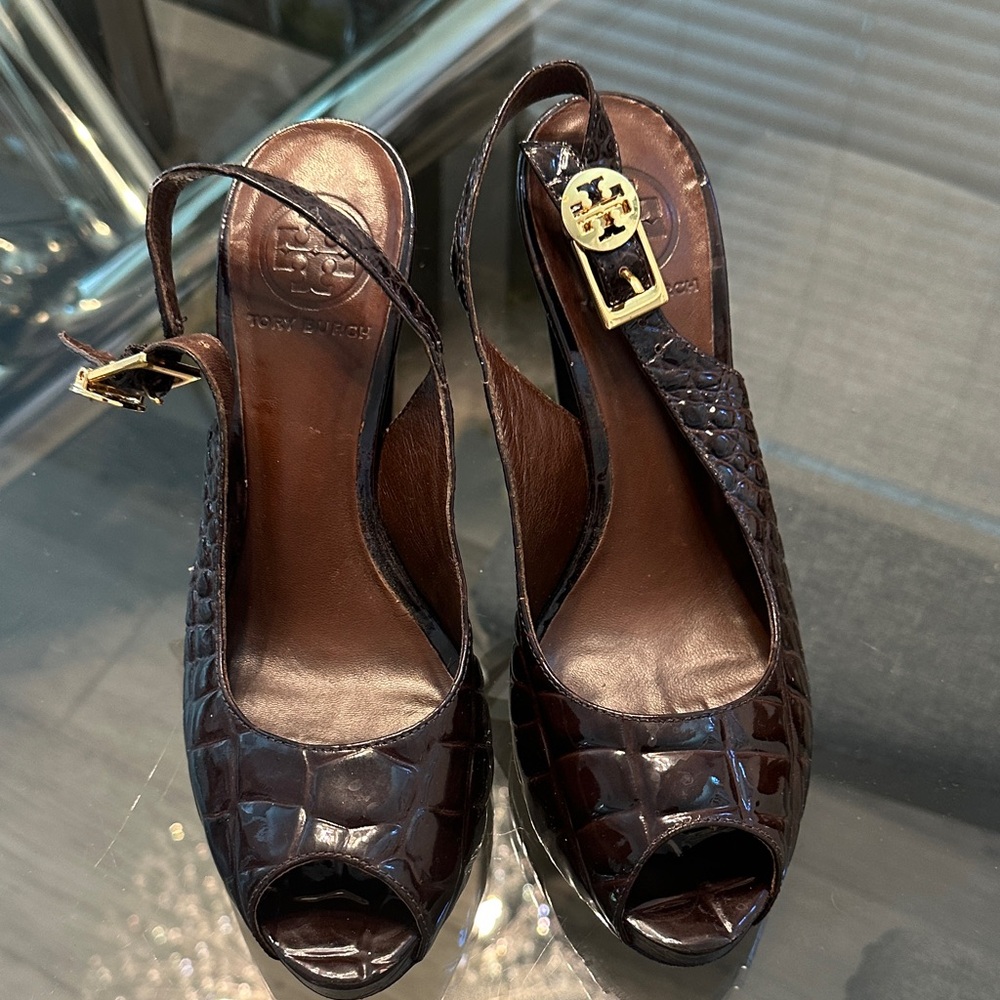 Tory Burch Dark Brown Croc-Embossed Slingback Heels 7.5 M
